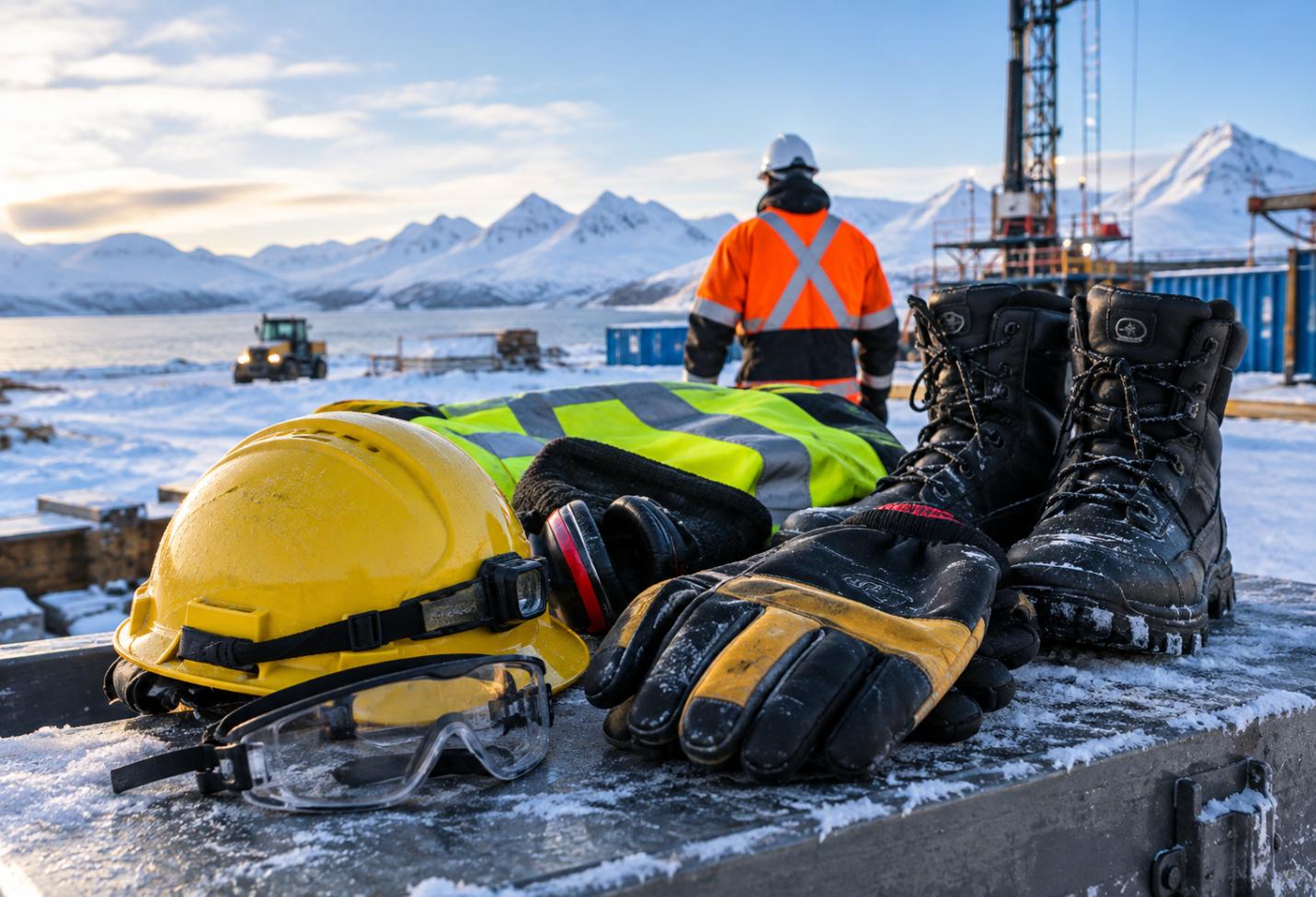 Industrial worker wearing cold-weather PPE at a snowy Alaska worksite with hard hats, safety goggles, insulated gloves, hearing protection, and work boots.