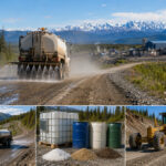 Industrial roadwork in rugged landscape