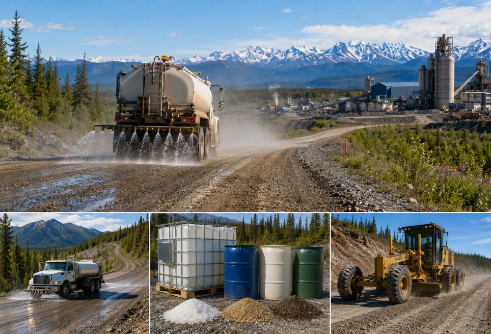 Industrial roadwork in rugged landscape