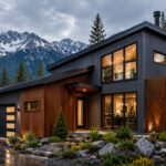 Modern mountain home at dusk