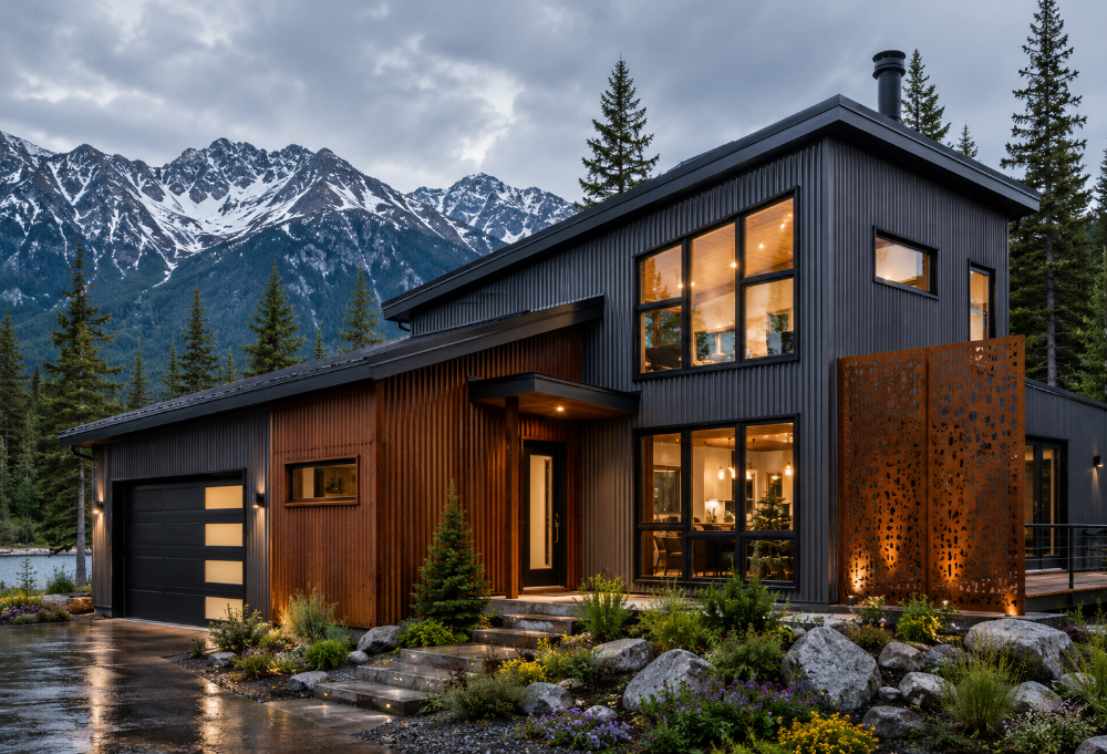 Modern mountain home at dusk